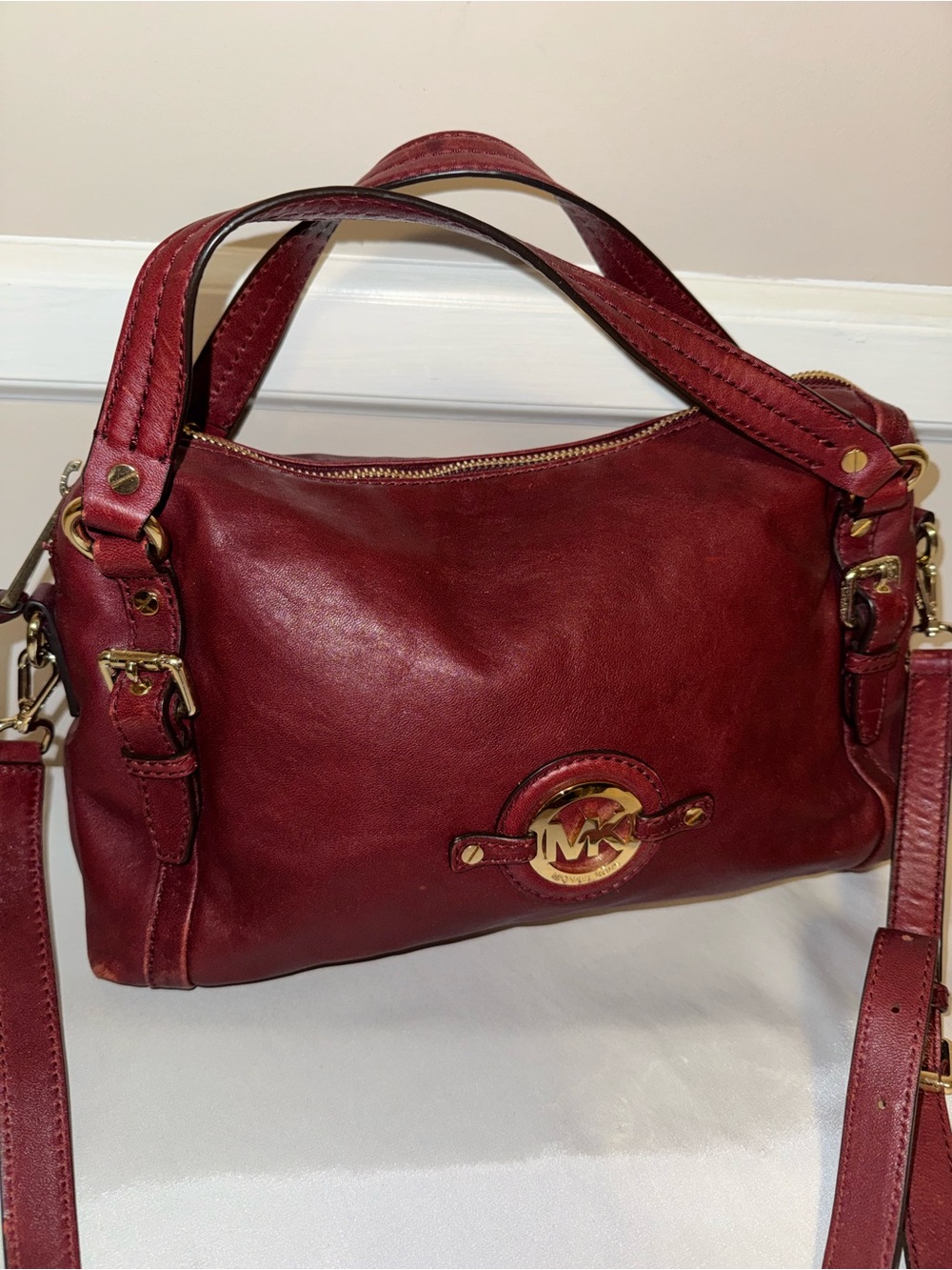 Michael Kors Deep Red Leather Shoulder Bag with Gold Hardware